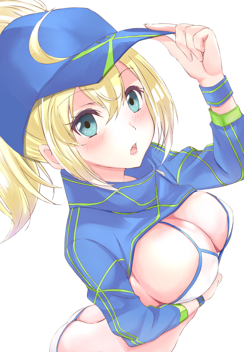 1girl absurdres ahoge arm_under_breasts artoria_pendragon_(all) ass baseball_cap bikini blonde_hair blue_eyes blue_headwear blush breasts cleavage commentary_request eyebrows_visible_through_hair fate/grand_order fate_(series) from_above hair_between_eyes hair_through_headwear hand_on_headwear hat highres large_breasts looking_at_viewer looking_up mysterious_heroine_xx_(foreigner) parted_lips ponytail shrug_(clothing) simple_background solo swimsuit toratora_(nanahaba) white_background white_bikini
