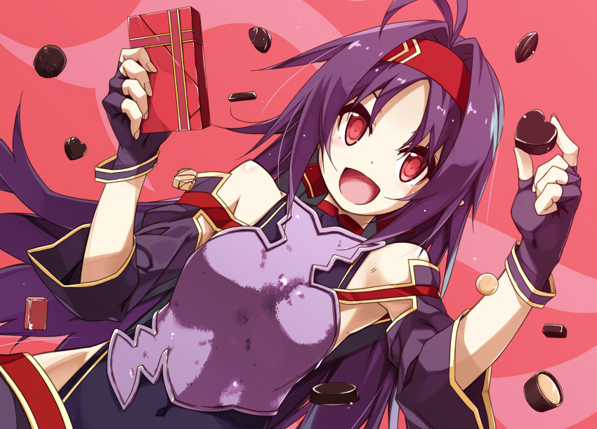 1girl :d black_leotard box breastplate chocolate chocolate_heart covered_navel detached_sleeves fingerless_gloves floating_hair food gloves heart highleg highleg_leotard highres holding holding_box holding_food leotard long_hair looking_at_viewer open_mouth purple_gloves purple_hair purple_sleeves red_eyes red_headband red_leotard red_ribbon ribbon shikei smile solo sword_art_online upper_body very_long_hair yuuki_(sao)