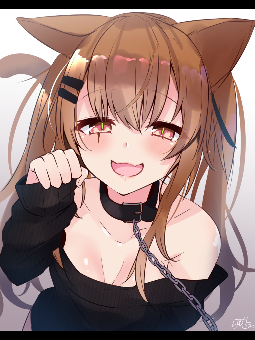 1girl :d animal_ears bangs bare_shoulders belt_collar black_collar black_shirt blush breasts brown_background brown_hair cat_ears cat_girl cat_tail chains collar collarbone commentary_request eyebrows_visible_through_hair game_cg girls_frontline gradient gradient_background hair_between_eyes hair_ornament hairclip hand_up highres kemonomimi_mode letterboxed long_hair long_sleeves off-shoulder_shirt off_shoulder open_mouth ramchi red_eyes shirt signature sleeves_past_wrists small_breasts smile solo tail ump9_(girls_frontline) white_background