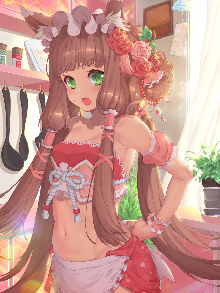 1girl animal_ears apron belly blush breasts cleavage closed_mouth commentary_request fang green_eyes hair_ornament hair_tubes highres hime_cut himemiya_maho kitchen long_hair looking_at_viewer navel open_mouth princess_connect! princess_connect!_re:dive small_breasts waterring