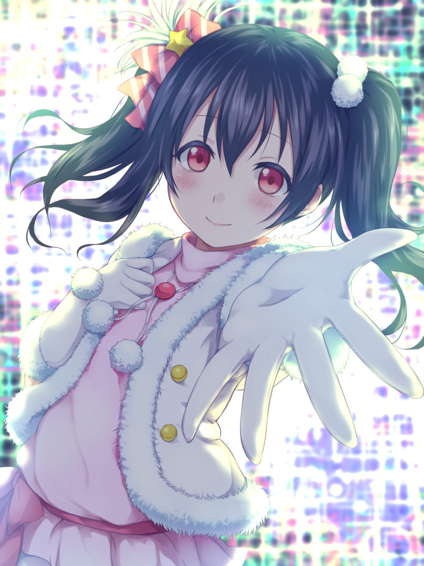 1girl backlighting bangs black_hair blush bow closed_mouth dress dutch_angle eyebrows_visible_through_hair foreshortening fur-trimmed_jacket fur_trim gloves hair_between_eyes hair_bow hand_on_own_chest highres hitotsuki_no_yagi jacket lights long_hair looking_at_viewer love_live! love_live!_school_idol_project open_clothes open_jacket outstretched_arm outstretched_hand pink_bow pink_dress pom_pom_(clothes) reaching_out red_eyes sidelocks smile snow_halation solo star striped striped_bow turtleneck twintails white_gloves white_jacket yazawa_nico