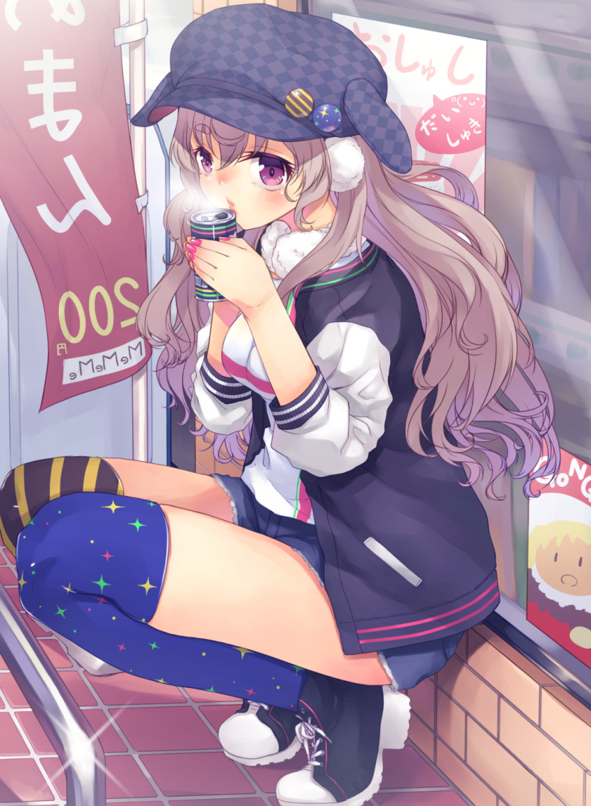 .live 1girl alternate_costume breasts can casual curly_hair earmuffs fingernails flag full_body hat heavy_breathing highres jacket long_hair mikage_sekizai mokota_mememe shoes shorts sitting solo thick_eyebrows thigh-highs violet_eyes virtual_youtuber