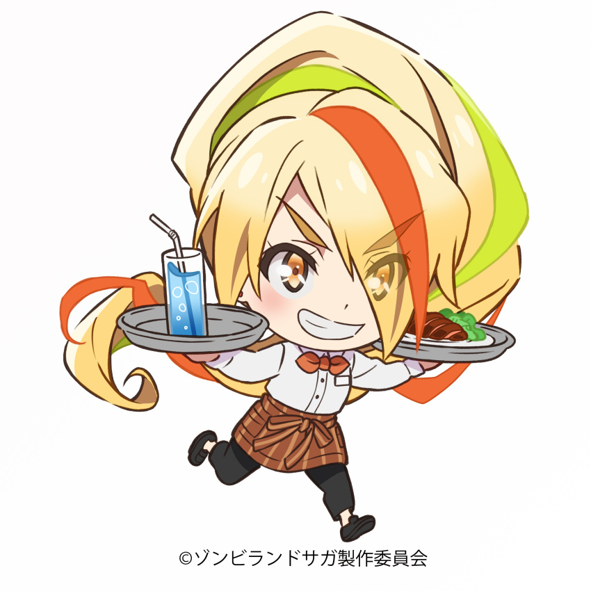1girl absurdres black_footwear black_pants blonde_hair bow bowtie chibi commentary_request cup drink drinking_glass eyes_visible_through_hair food full_body green_hair grin hair_over_one_eye high_ponytail highres long_hair multicolored_hair nikaidou_saki no_socks official_art orange_hair pants shirt smile solo streaked_hair tray waitress white_background white_shirt zombie_land_saga