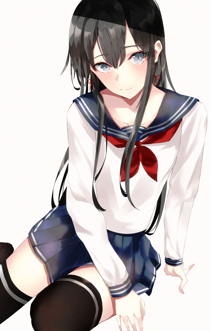 1girl absurdres bangs black_hair blue_eyes blush highres ka1se1 long_hair school_uniform serafuku sitting smile solo thigh-highs white_background yahari_ore_no_seishun_lovecome_wa_machigatteiru. yukinoshita_yukino