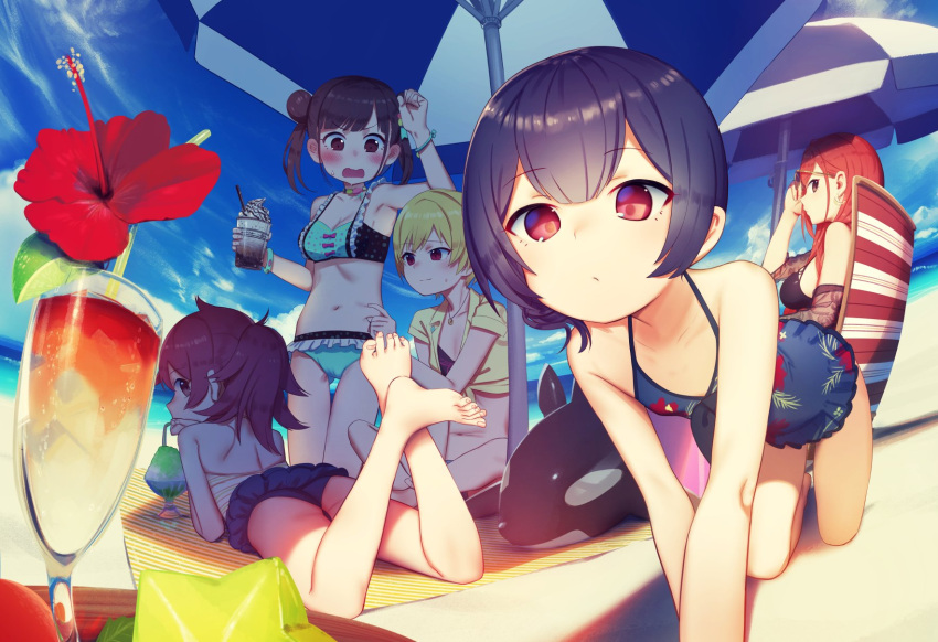 5girls all_fours arisugawa_natsuha bangs bare_legs barefoot beach beach_chair beach_mat beach_umbrella bikini black_hair blonde_hair blush bracelet brown_eyes collarbone commentary_request double_bun drink earrings eyebrows_visible_through_hair eyewear_removed fisheye highres idolmaster idolmaster_shiny_colors jewelry komiya_kaho long_hair lying morino_rinze multiple_girls navel necklace on_stomach one-piece_swimsuit ponytail red_eyes redhead saijou_juri shamonabe short_hair shoulder_blades sonoda_chiyoko sunglasses swimsuit umbrella