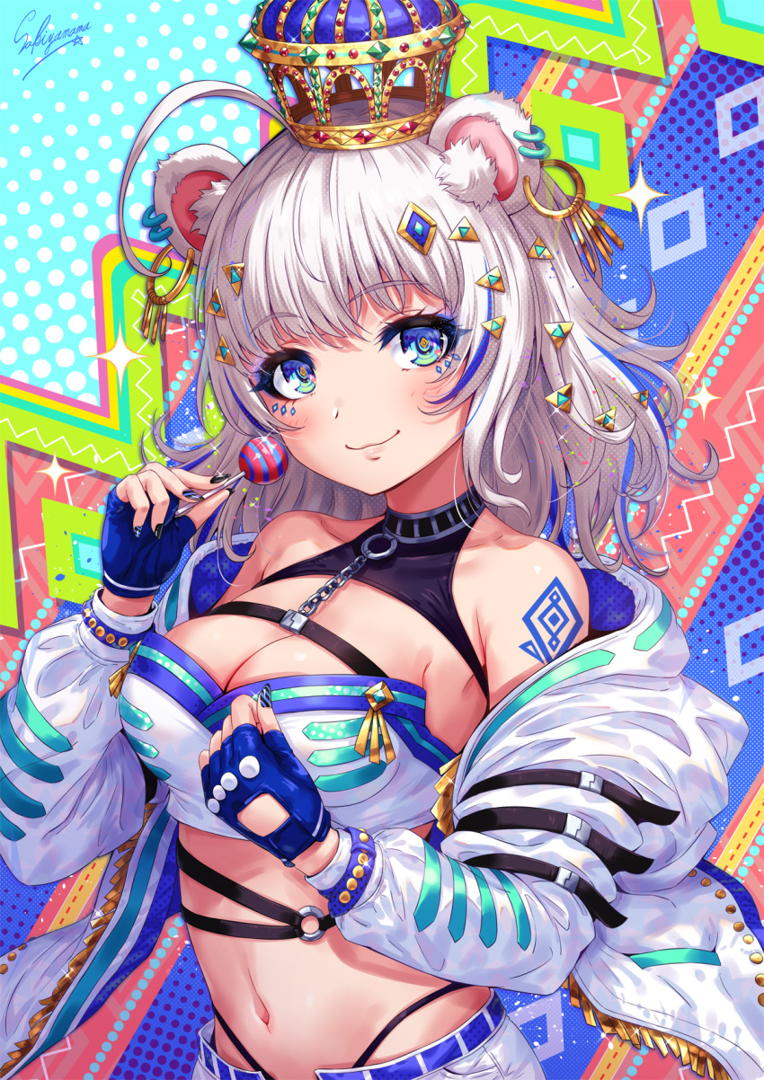 1girl ahoge animal_ears bangs bare_shoulders black_nails black_panties blue_eyes blue_gloves blue_nails blush breasts candy choker cleavage closed_mouth collarbone commentary_request crop_top crown earrings eyebrows_visible_through_hair facial_mark fingerless_gloves food glint gloves grey_hair hair_ornament highleg highleg_panties highres holding holding_food hoop_earrings jacket jewelry large_breasts lollipop long_hair looking_at_viewer midriff nail_art nail_polish navel o-ring off_shoulder open_clothes open_fly open_jacket original panties sakiyamama shorts sidelocks signature smile solo sparkle stomach studded_gloves tattoo underwear white_shorts