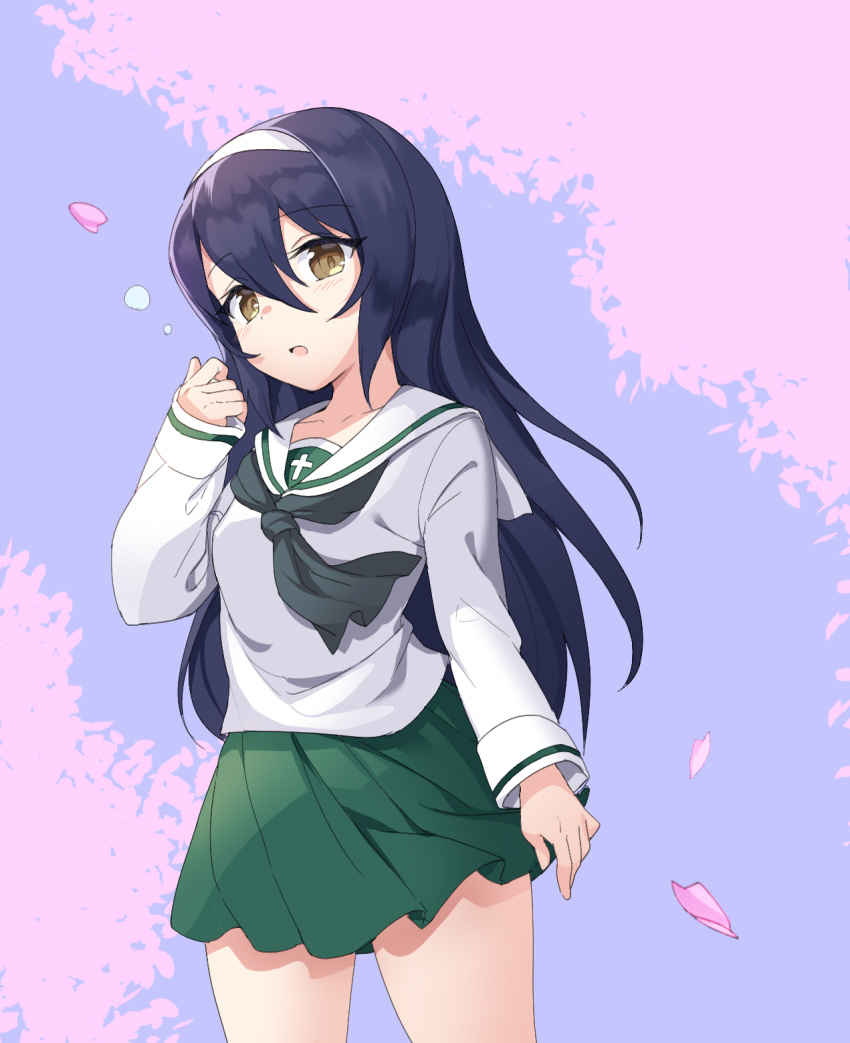 1girl :o arm_at_side bangs black_hair black_neckwear blue_sky blush brown_hair cherry_blossoms commentary_request cowboy_shot curcumin day eyebrows_visible_through_hair girls_und_panzer green_skirt hair_between_eyes hairband highres long_hair long_sleeves looking_at_viewer miniskirt neckerchief ooarai_school_uniform open_mouth outdoors petals reizei_mako sailor_collar school_uniform shirt skirt sky sleeves_past_wrists solo spring_(season) straight_hair very_long_hair white_hairband white_sailor_collar white_shirt