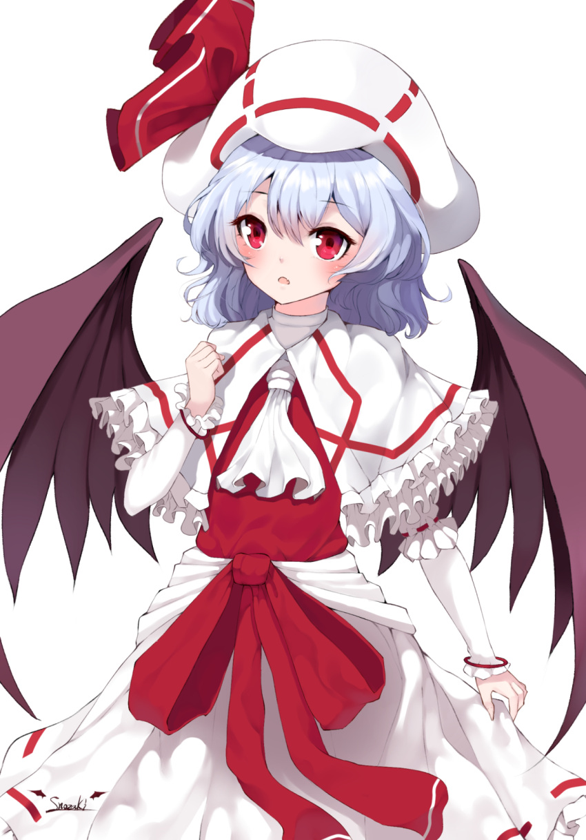 1girl blush capelet clenched_hand commentary_request cowboy_shot curly_hair demon_wings fang frilled_capelet frills hair_between_eyes hand_up hat hat_ribbon highres lavender_hair long_sleeves medium_hair open_mouth red_eyes remilia_scarlet ribbon simple_background skirt skirt_hold snozaki solo touhou vampire white_background white_capelet white_neckwear white_skirt wings