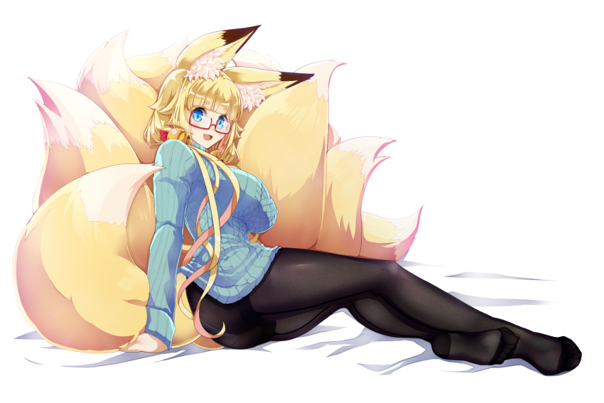 1girl amino_dopple animal_ears arm_support ass bangs bed_sheet black_legwear blonde_hair blue_eyes blunt_bangs blush breasts fox_ears fox_girl fox_tail glasses large_breasts long_hair looking_at_viewer multiple_tails open_mouth original red-framed_eyewear ribbed_sweater sitting smile solo sweater tail