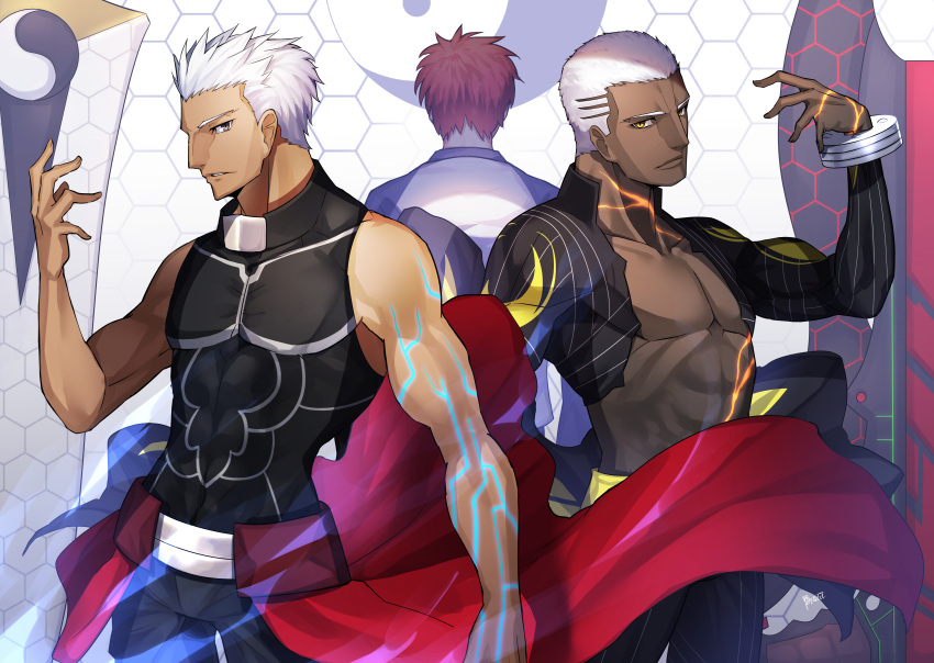 3boys absurdres archer arm_up bare_arms black_pants black_shirt brown_eyes buzz_cut closed_mouth collarbone commentary_request covered_collarbone cuffs emiya_alter emiya_shirou facing_away fate/grand_order fate/stay_night fate_(series) fingernails forehead hand_up head_tilt highres honeycomb_(pattern) honeycomb_background kamonegi_(meisou1998) kanshou_&amp;_bakuya long_sleeves looking_at_viewer male_focus multiple_boys orange_hair pants parted_lips profile raglan_sleeves shirt sleeveless sleeveless_shirt white_hair white_shirt yellow_eyes