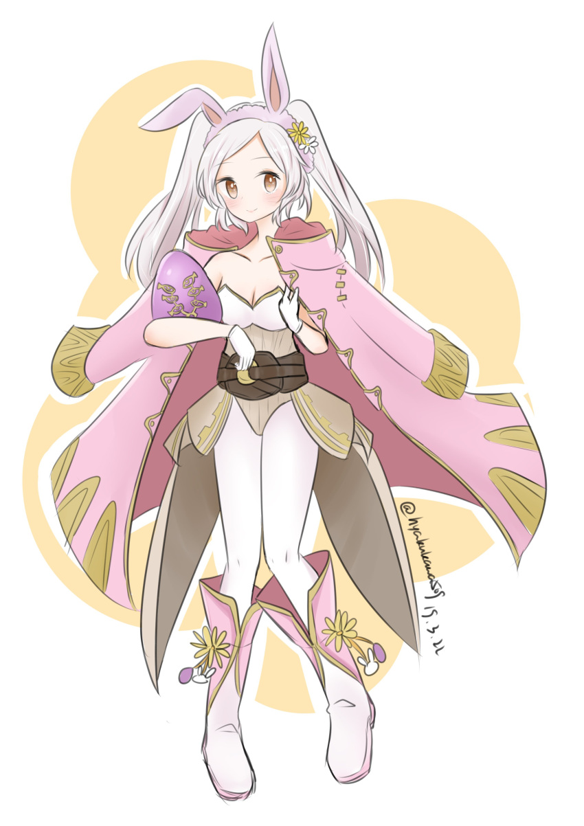 1girl absurdres adapted_costume animal_ears belt boots breasts cleavage closed_mouth dated easter_egg egg fake_animal_ears female_my_unit_(fire_emblem:_kakusei) fire_emblem fire_emblem:_kakusei fire_emblem_heroes full_body gloves highres holding hyakukawa509 medium_breasts my_unit_(fire_emblem:_kakusei) nintendo rabbit_ears simple_background smile solo twintails twitter_username white_gloves white_hair