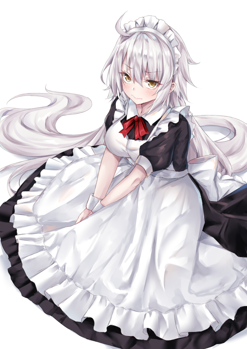 1girl absurdres ahoge alternate_costume apron bangs black_dress blush breasts closed_mouth coffeedog dress enmaided fate/grand_order fate_(series) frills hair_between_eyes highres jeanne_d'arc_(alter)_(fate) jeanne_d'arc_(fate)_(all) large_breasts long_hair looking_at_viewer maid maid_headdress puffy_short_sleeves puffy_sleeves red_neckwear short_sleeves silver_hair simple_background solo very_long_hair white_background wrist_cuffs yellow_eyes
