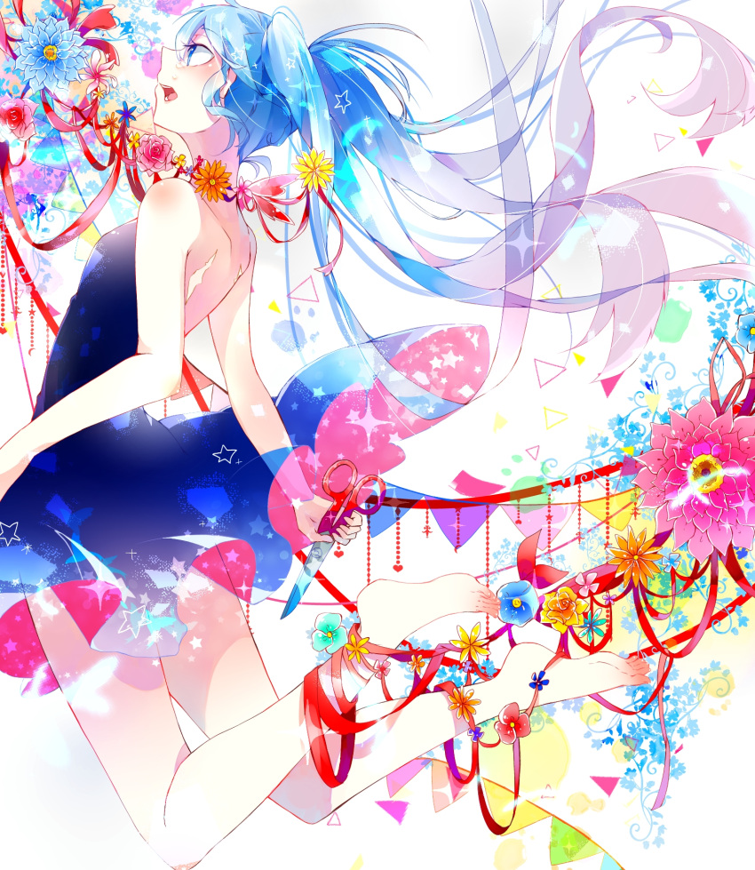 1girl ankle_ribbon backless_dress backless_outfit barefoot blue_dress blue_eyes blue_flower blue_hair dress floating_hair flower from_side full_body green_flower hatsune_miku highres holding holding_scissors legs_up long_hair looking_up red_flower red_ribbon ribbon scar scissors shirayuki_towa short_dress shoulder_blades sleeveless sleeveless_dress soles solo strapless strapless_dress very_long_hair vocaloid white_background yellow_flower