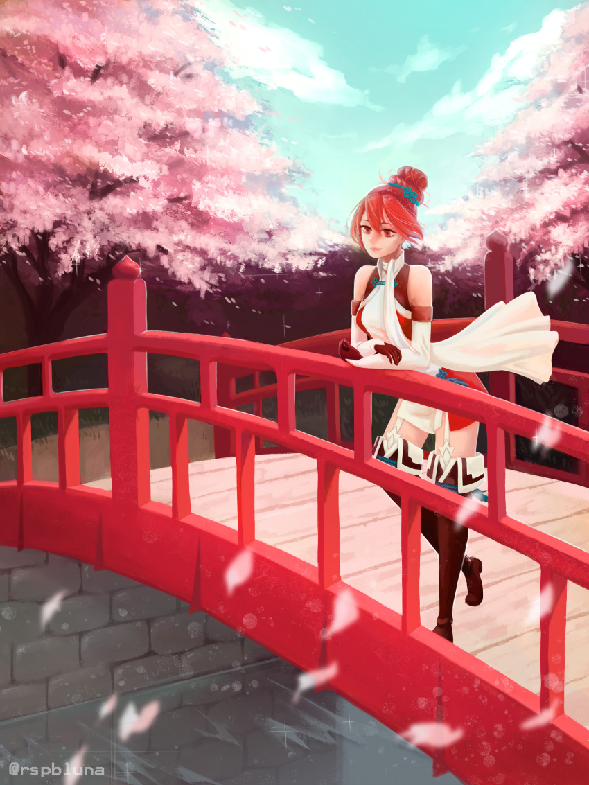 absurdres boots bridge cosplay fire_emblem fire_emblem_heroes fire_emblem_if highres hinoka_(fire_emblem_if) hinoka_(fire_emblem_if)_(cosplay) kanna_(fire_emblem_if) leaning_on_rail nintendo red_legwear rspbluna smile solo thigh-highs thigh_boots