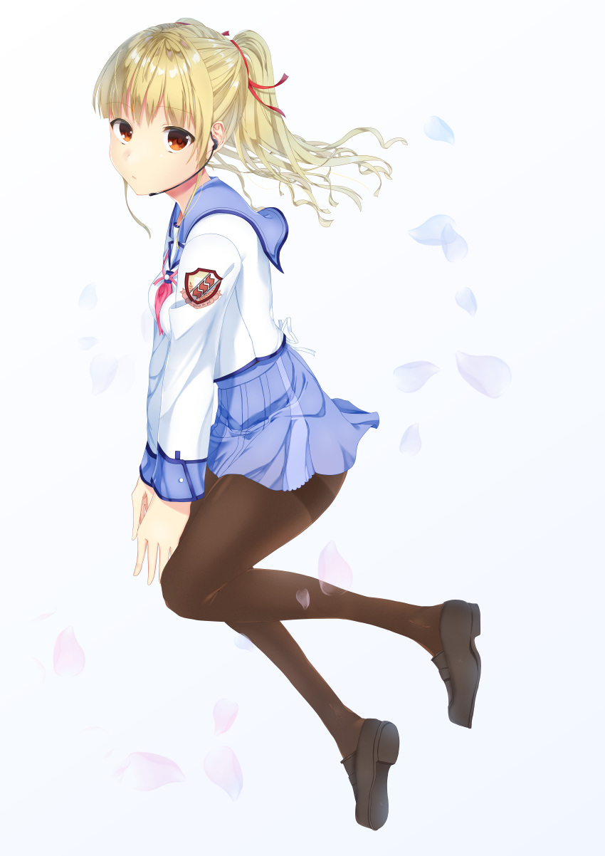 1girl absurdres angel_beats! bangs black_footwear blonde_hair blue_skirt brown_legwear closed_mouth eyebrows_visible_through_hair eyes_visible_through_hair full_body hair_between_eyes hair_ornament hair_ribbon headset highres key_(company) long_hair long_sleeves looking_at_viewer looking_to_the_side microphone orange_eyes pantyhose petals ribbon school_uniform shirt shoes simple_background sitting skirt smile solo twintails white_background white_shirt yusa_(angel_beats!) zuzuhashi