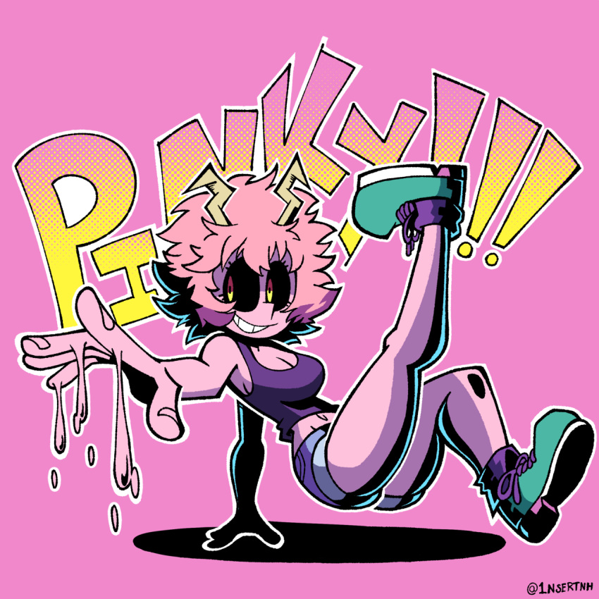 1nsert-art-here acid ashido_mina black_sclera boku_no_hero_academia breakdance breasts green_footwear grin highres horns large_breasts navel pink_hair pink_skin short_shorts shorts shounen_jump smile tank_top