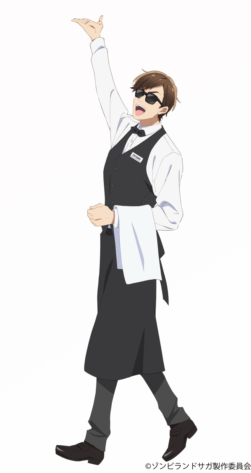 1boy absurdres apron black_footwear black_neckwear bow brown_hair commentary_request full_body highres long_sleeves name_tag official_art open_mouth pants shirt solo sunglasses tatsumi_koutarou vest waist_apron waiter white_background white_shirt zombie_land_saga
