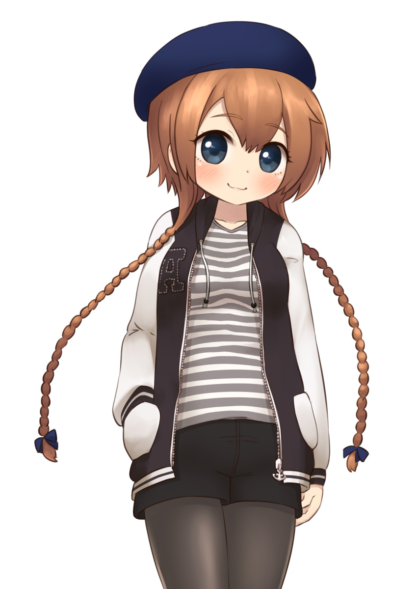 alternate_costume beret black_legwear blue_eyes braid brown_hair casual hat highres jacket kantai_collection long_hair open_clothes open_jacket pantyhose shirt shorts simoyuki smile striped striped_shirt teruzuki_(kantai_collection) twin_braids