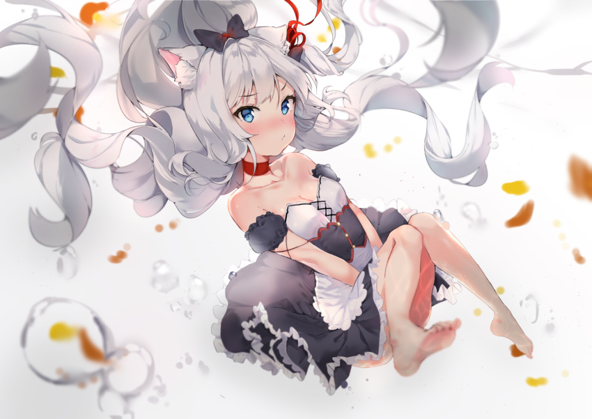 1girl animal_ear_fluff animal_ears apron azur_lane bare_shoulders barefoot blue_eyes blush bow breasts bubble cat_ears cheli_(kso1564) choker cleavage commentary_request corset eyebrows_visible_through_hair frilled_skirt frills hair_bow hair_ribbon hammann_(azur_lane) long_hair looking_at_viewer petals pout ribbon skirt small_breasts solo two_side_up very_long_hair white_hair