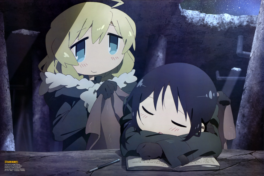 2girls absurdres artist_name black_gloves black_hair blanket blonde_hair blue_eyes blush book chito_(shoujo_shuumatsu_ryokou) closed_eyes closed_mouth coat copyright_name eyebrows_visible_through_hair facing_viewer fur-trimmed_coat fur_trim gloves highres igawa_norie long_sleeves multiple_girls parted_lips pencil short_hair shoujo_shuumatsu_ryokou sleeping smile uniform yuuri_(shoujo_shuumatsu_ryokou)