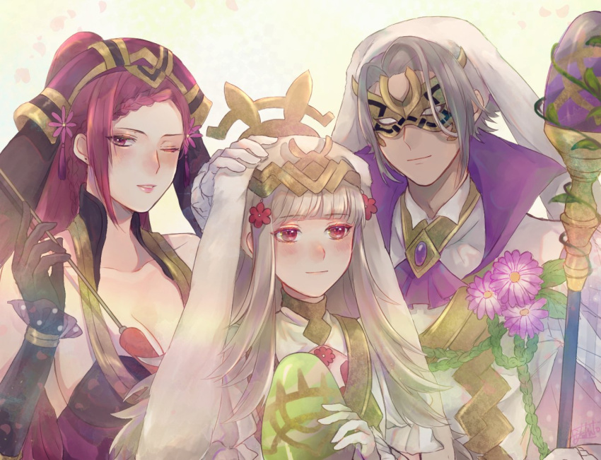 1boy 2girls animal_ears arrow black_gloves breasts brother_and_sister cleavage closed_mouth dark_skin dark_skinned_male easter_egg egg fake_animal_ears fire_emblem fire_emblem_heroes flower gloves grey_hair hair_flower hair_ornament hand_on_another's_head hat hikashi10_nsk holding holding_arrow holding_staff large_breasts loki_(fire_emblem_heroes) mask multiple_girls mysterious_man_(fire_emblem) nintendo one_eye_closed parted_lips purple_hair rabbit_ears red_eyes siblings staff veronica_(fire_emblem) violet_eyes white_gloves