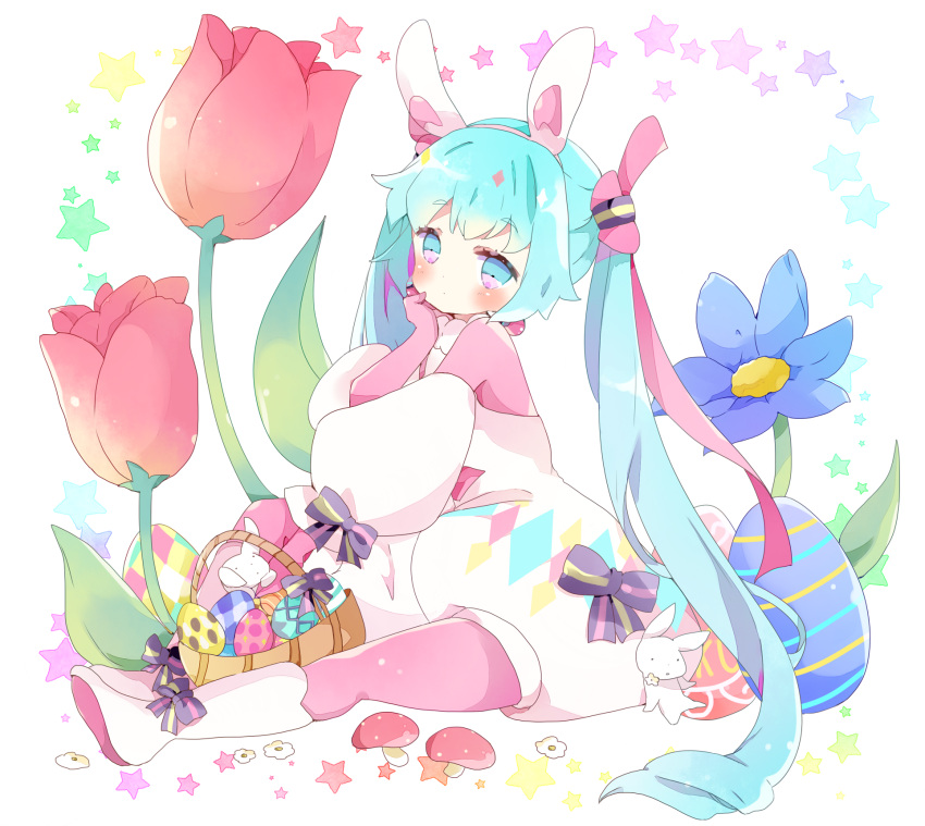 1girl animal animal_ears basket blue_eyes blue_flower blue_hair blush boots bow closed_mouth commentary detached_sleeves easter_egg egg english_commentary fake_animal_ears flower hairband hatsune_miku highres knee_boots long_hair long_sleeves multicolored multicolored_eyes pantyhose pink_eyes pink_legwear pink_shirt puffy_long_sleeves puffy_sleeves purple_bow rabbit rabbit_ears red_flower shirt short_jumpsuit sitting solo star striped striped_bow tsukiyo_(skymint) twintails very_long_hair vocaloid white_background white_footwear white_hairband white_jumpsuit white_sleeves