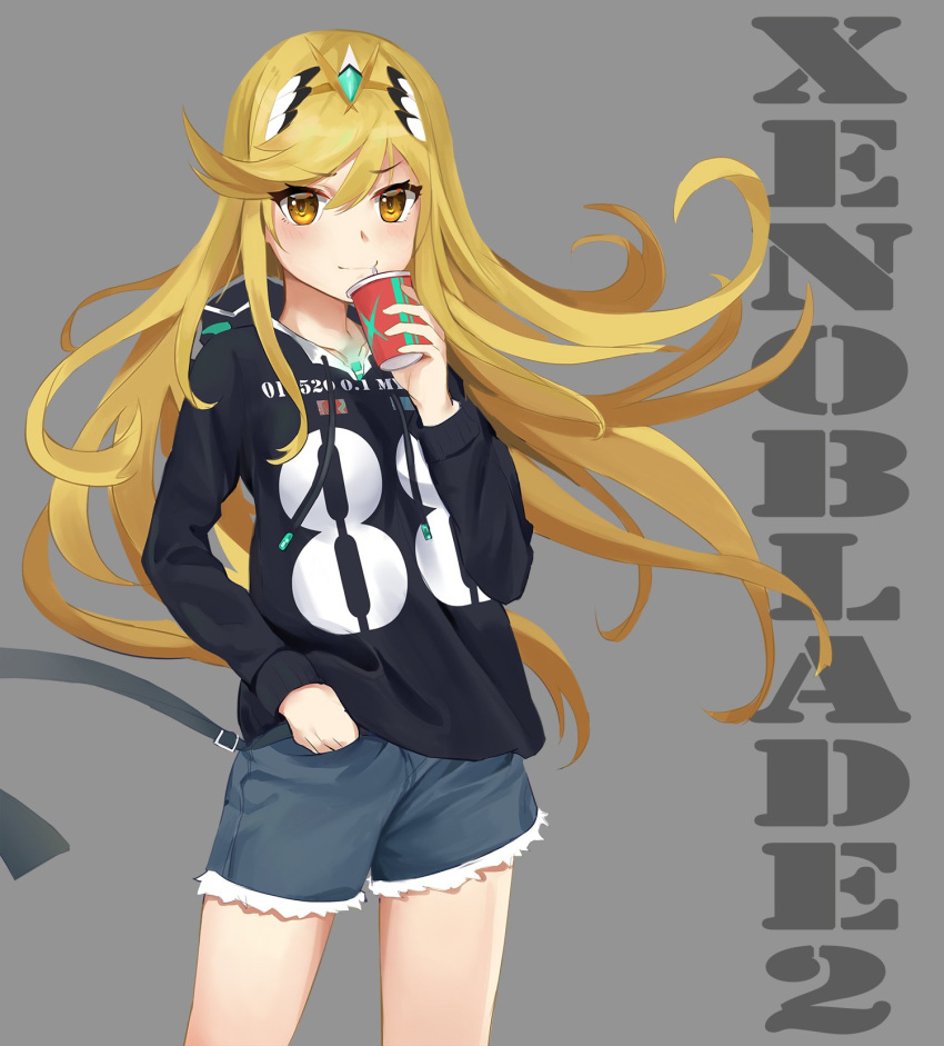 1girl bangs blonde_hair breasts casual collarbone commentary_request contemporary cup cutoffs disposable_cup drawstring drinking drinking_straw eyebrows_visible_through_hair eyes_visible_through_hair gem grey_background hand_in_pocket headpiece highres mythra_(xenoblade) holding holding_cup hood hoodie kiiro_kimi long_hair long_sleeves medium_breasts nintendo number short_shorts shorts simple_background solo swept_bangs tiara tsurime very_long_hair xenoblade_(series) xenoblade_2 yellow_eyes