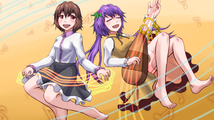 2girls absurdres bare_legs barefoot blush breasts brown_eyes chains closed_eyes eyebrows_visible_through_hair feet frilled frilled_sleeves frills hair_ornament highres instrument long_hair long_ponytail long_sleeves looking_up medium_breasts multiple_girls music musical_note nakamura_append open_mouth playing_instrument ponytail short_hair siblings simple_background sisters smile toes touhou tsukumo_benben tsukumo_yatsuhashi