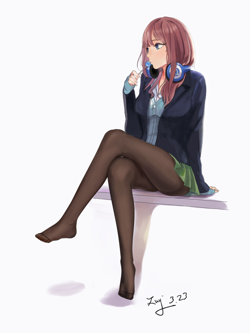 1girl absurdres barefoot blue_eyes brown_hair candy food go-toubun_no_hanayome high_heels highres lollipop long_hair nakano_miku pantyhose school_uniform sitting sitting_on_object socks soles solo thigh-highs white_background zeng