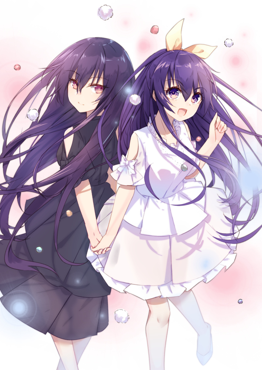 2girls :d bangs black_dress blue_footwear blush breasts character_request closed_mouth commentary_request date_a_live dress eyebrows_visible_through_hair frilled_dress frills hair_between_eyes hair_ribbon hand_holding hand_up highres jewelry long_hair looking_at_viewer looking_back mo_(pixiv9929995) multiple_girls open_mouth pendant puffy_short_sleeves puffy_sleeves purple_hair red_eyes ribbon shoes short_sleeves small_breasts smile standing standing_on_one_leg very_long_hair violet_eyes white_dress yatogami_tooka yellow_ribbon