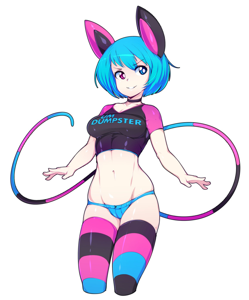 1girl animal_ears black_choker blue_eyes blue_hair breasts choker clothes_writing eyebrows_visible_through_hair heterochromia highres looking_to_the_side medium_breasts midriff mismatched_legwear navel original pink_eyes short_hair short_sleeves simple_background slugbox smile solo striped striped_legwear striped_tail tail thigh-highs vomi_agogo white_background