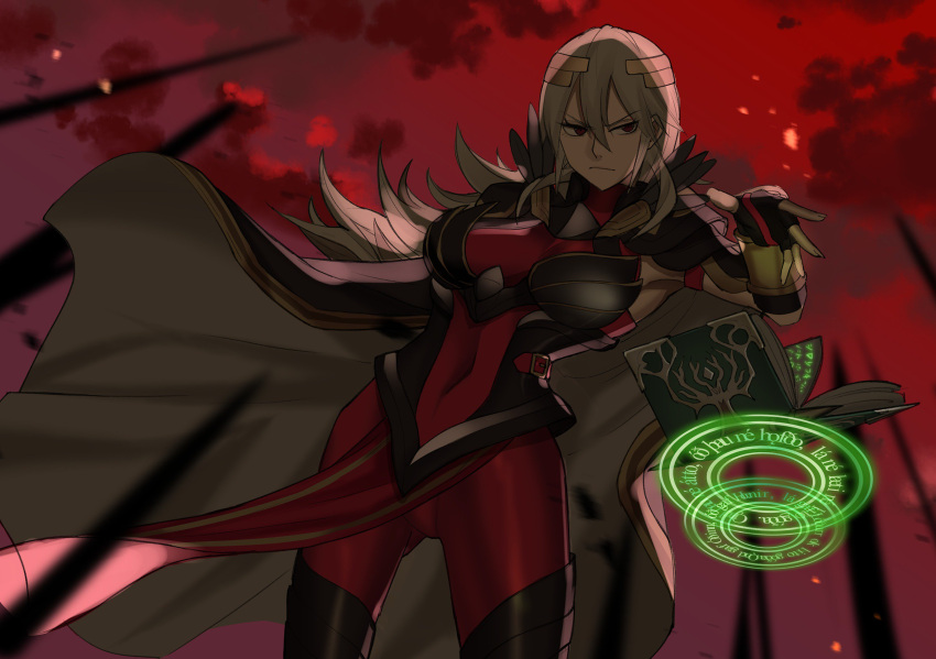 1girl alternate_costume black_gloves book breasts cape closed_mouth clouds ebinku fingerless_gloves fire_emblem fire_emblem_heroes floating floating_book floating_object gloves grey_hair hair_ornament highres large_breasts long_hair magic_circle nintendo open_book red_eyes red_sky sky solo thrasir_(fire_emblem)
