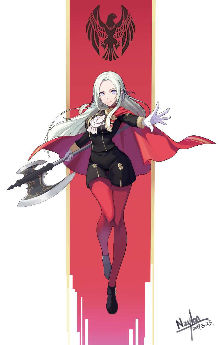 1girl absurdres artist_request axe blonde_hair blue_eyes cape cravat edelgard_von_hresvelgr_(fire_emblem) fire_emblem fire_emblem:_three_houses gloves hair_ornament hair_ribbon highres long_hair looking_at_viewer nintendo pantyhose red_cape ribbon simple_background smile solo uniform weapon white_background