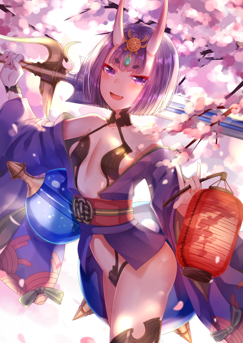 1girl :d absurdres bangs black_legwear blunt_bangs breasts fang fate/grand_order fate_(series) from_side gem hair_ornament highres holding holding_lantern holding_sword holding_weapon horns japanese_clothes kimono lantern looking_at_viewer open_mouth paper_lantern purple_hair purple_kimono revealing_clothes short_hair shuten_douji_(fate/grand_order) sideboob sll small_breasts smile solo standing sword thigh-highs violet_eyes weapon
