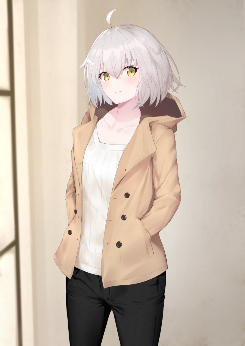 1girl ahoge alternate_costume bangs black_pants blush brown_coat brown_eyes casual closed_mouth coat collarbone cowboy_shot eyebrows_visible_through_hair fate/grand_order fate_(series) hair_between_eyes hands_in_pockets highres hood hood_down hooded_coat indoors jeanne_d'arc_(alter)_(fate) jeanne_d'arc_(fate)_(all) long_sleeves looking_at_viewer open_clothes open_coat pants reuri_(tjux4555) shirt short_hair simple_background solo unbuttoned white_shirt