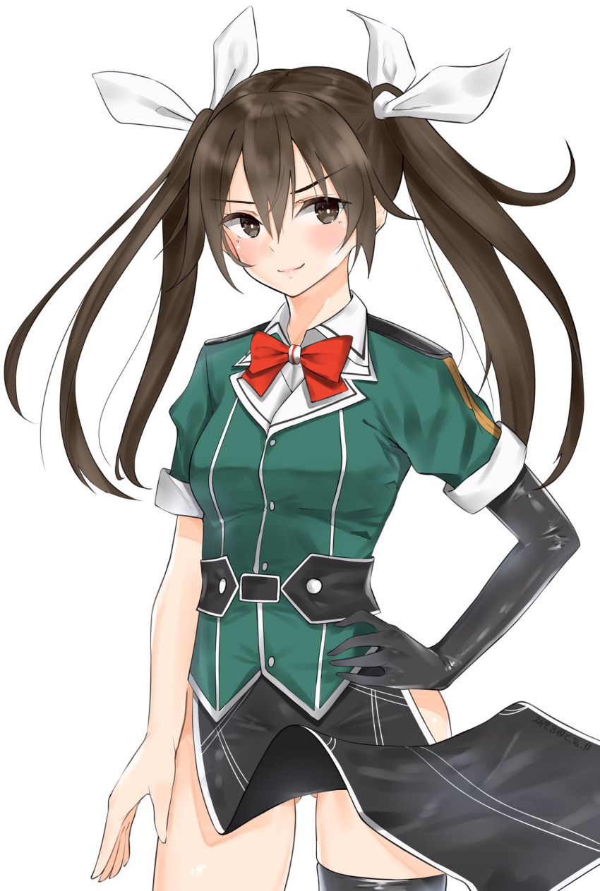 1girl asymmetrical_legwear black_legwear brown_eyes brown_hair c-da cowboy_shot elbow_gloves gloves gluteal_fold hair_between_eyes hair_ribbon hand_on_hip highres kantai_collection long_hair pelvic_curtain remodel_(kantai_collection) ribbon side_slit simple_background single_elbow_glove single_glove single_thighhigh solo thigh-highs tone_(kantai_collection) twintails white_background white_ribbon