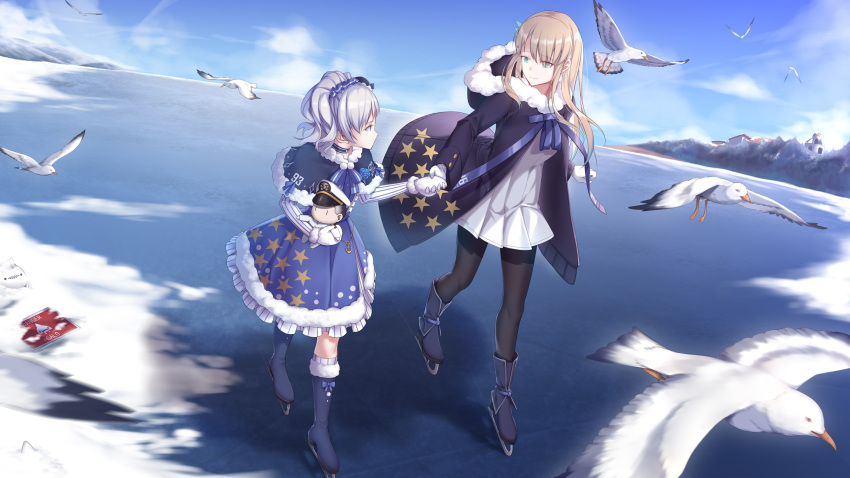 2girls bird blonde_hair blue_eyes dress fur_trim gloves hand_holding highres ice ice_skates lexington_(cv-16)_(warship_girls_r) multiple_girls seagull silver_hair skates snow warship_girls_r white_gloves zhixiang_zhi