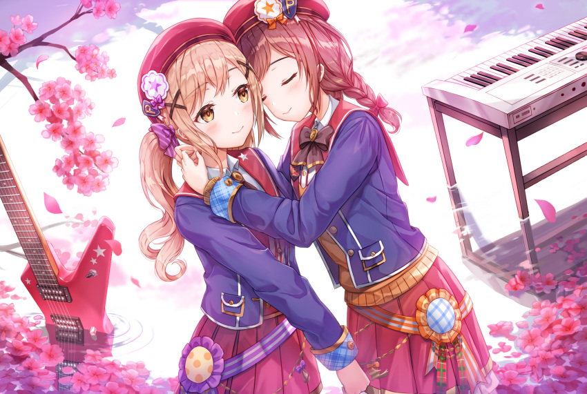 2girls bang_dream! bangs beret blazer blue_jacket blush bow braid breasts brown_eyes brown_hair brown_sweater closed_eyes closed_mouth collared_shirt commentary_request diagonal_stripes electric_guitar eyebrows_visible_through_hair flower guitar hair_bow hair_ornament hat highres huge_breasts ichigaya_arisa instrument jacket keyboard_(instrument) light_brown_hair long_hair lunacle multiple_girls open_blazer open_clothes open_jacket petals pink_flower pleated_skirt purple_bow red_bow red_headwear red_skirt reflection ripples shirt skirt smile standing star striped striped_bow sweater toyama_kasumi tree_branch twintails water white_shirt x_hair_ornament yuri