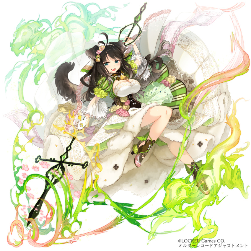 1girl alter_record_adjustment animal_ears bell black_hair breasts cleavage company_name dog dog_ears dog_tail dress dress_flower fingerless_gloves flower full_body gloves hair_bell hair_ornament high_heels highres holding holding_weapon kunojou_m+ large_breasts looking_at_viewer magic neck_bell official_art paw_print paw_print_pattern polearm shoes short_sleeves smile solo spear tail watermark weapon white_background white_dress white_gloves