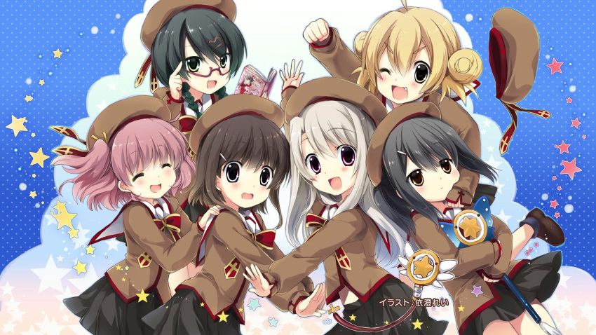 artist_name black_hair blonde_hair character_request double_bun end_card fang fate/kaleid_liner_prisma_illya fate_(series) glasses hair_bun hair_ornament hairclip hairstyle_request hand_on_another's_face hands_on_another's_shoulders hands_up hat highres illyasviel_von_einzbern izumi_rei long_hair looking_at_viewer miniskirt official_art pink_hair ribbon school_uniform short_hair simple_background skirt star watermark white_hair yellow_ribbon