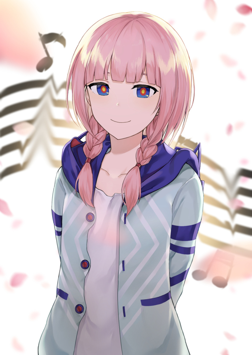 1girl bangs blue_eyes blush braid commentary highres hood hood_down hoodie kaf long_hair looking_at_viewer low_twin_braids multicolored multicolored_eyes musical_note open_clothes petals pink_hair red_eyes rice_(okome_no_naru_ki) smile solo twin_braids virtual_kaf virtual_youtuber yellow_eyes