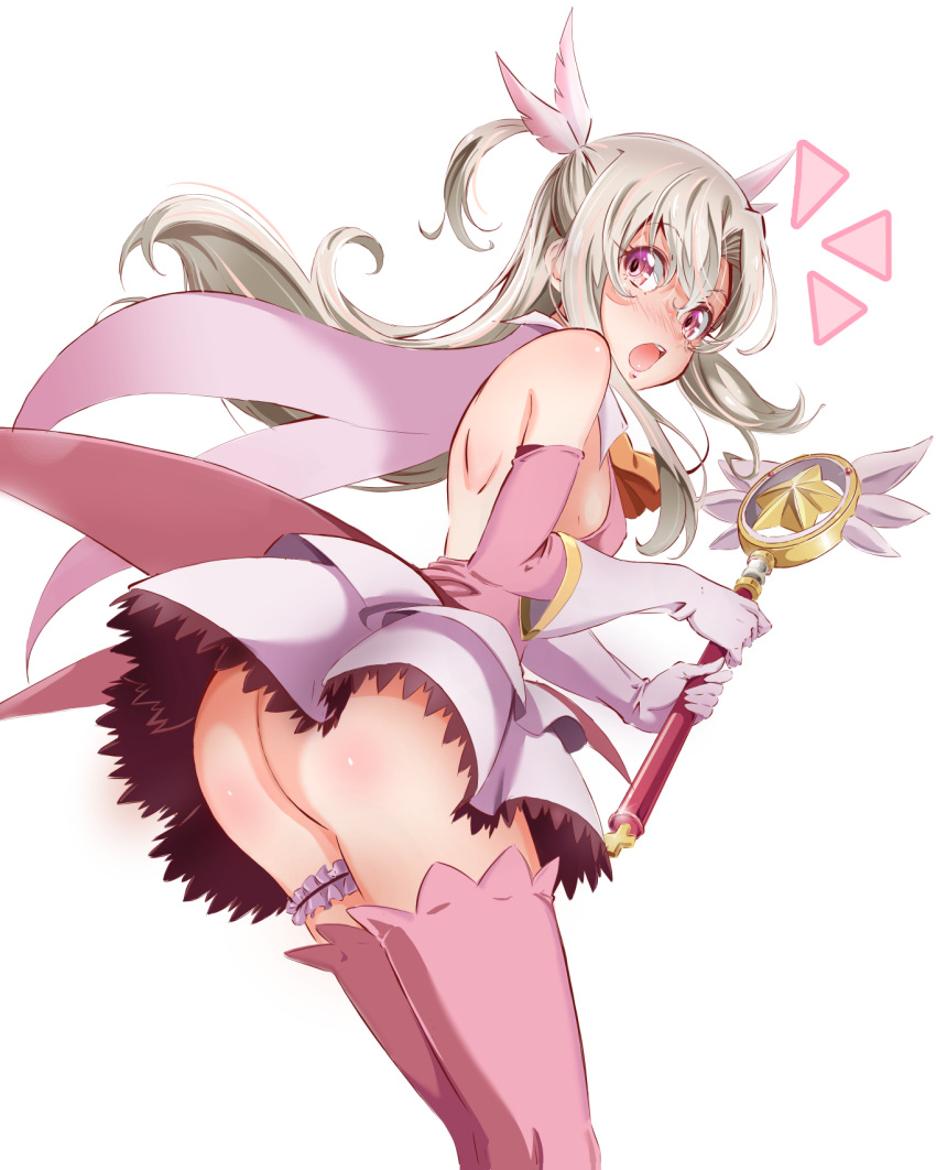 1girl :o ass backless_outfit blush boots breasts detached_sleeves elbow_gloves embarrassed eyebrows_visible_through_hair fate/kaleid_liner_prisma_illya fate_(series) floating_hair gloves grey_skirt hair_between_eyes highres holding holding_staff layered_skirt leaning_forward long_hair long_sleeves looking_at_viewer magical_ruby miniskirt ngv3553 pink_eyes pink_feathers pink_footwear pink_sleeves pleated_skirt prisma_illya shiny shiny_skin shoulder_blades sideboob silver_hair simple_background skirt solo staff surprised thigh-highs thigh_boots thigh_strap two_side_up very_long_hair white_background white_gloves