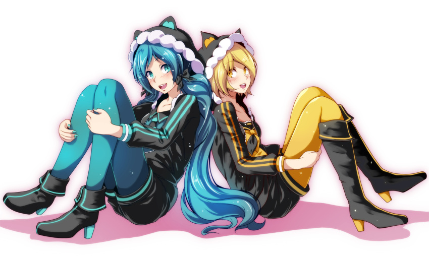 2girls :d animal_ears animal_hood back-to-back bangs black_bow black_footwear black_sweater blonde_hair blue_hair blue_legwear blue_nails blush boots bow cat_ears cat_hood collarbone fake_animal_ears full_body green_ponpoko_(module) hair_bow hatsune_miku high_heel_boots high_heels hood kagamine_rin knee_boots kunoichi_demo_koi_ga_shitai_(vocaloid) long_hair long_sleeves looking_at_viewer multiple_girls nail_polish open_mouth orange_konkon_(module) pantyhose parted_bangs project_diva_(series) short_hair simple_background sitting smile solo sweater tsukishiro_saika twintails very_long_hair vocaloid white_background yellow_eyes yellow_legwear