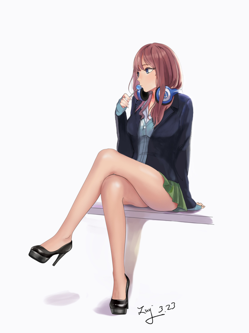 1girl absurdres barefoot black_footwear blue_eyes brown_hair candy food go-toubun_no_hanayome high_heels highres lollipop long_hair nakano_miku school_uniform shoes sitting sitting_on_object soles solo white_background zeng