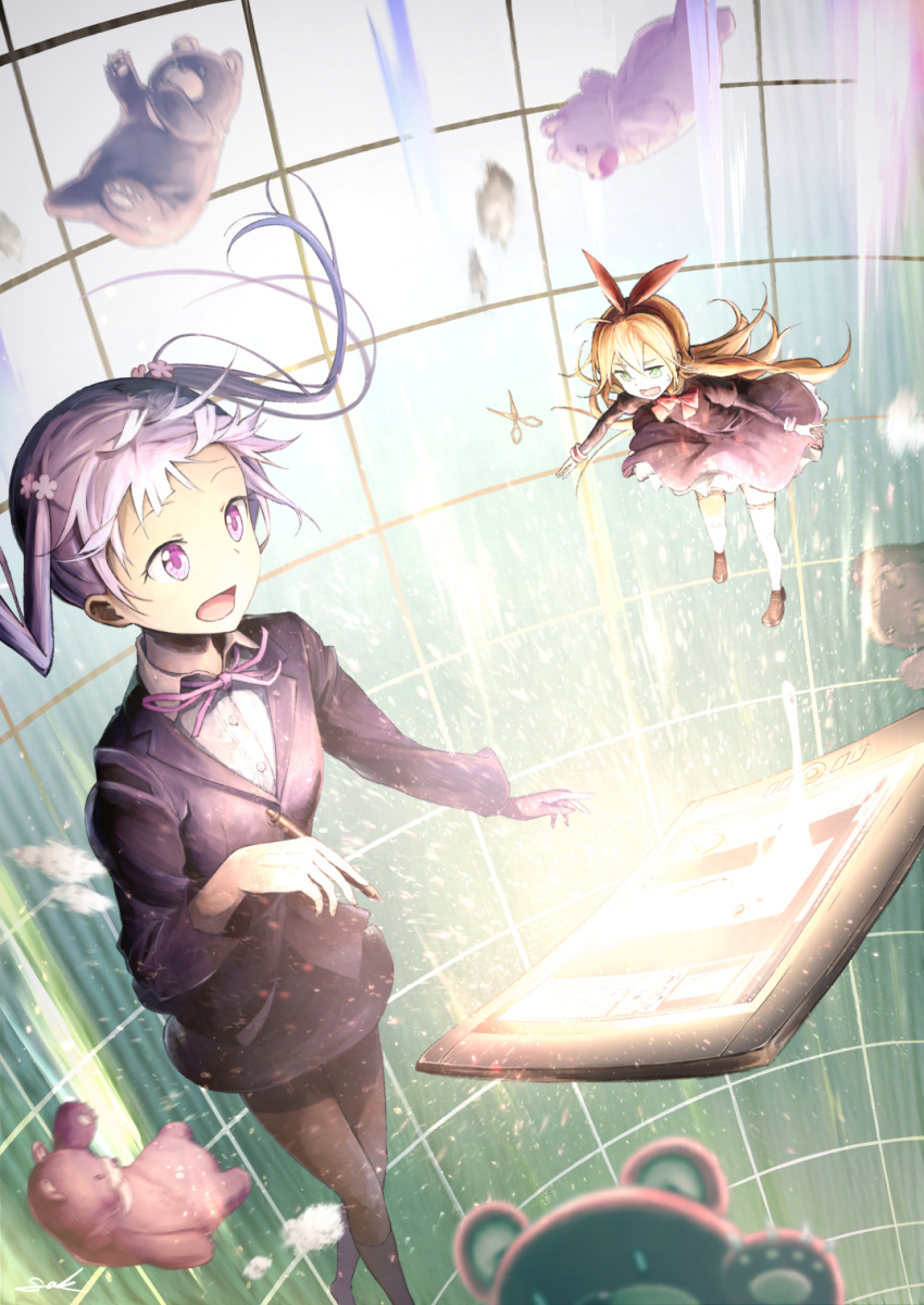 2girls blonde_hair collared_shirt d: drawing_tablet floating floating_hair formal glowing highres juliet_sleeves kneehighs loafers long_hair long_sleeves multiple_girls new_game! open_mouth pantyhose peco_(new_game!) pink_neckwear puffy_sleeves purple_hair sak_(user_yarg) scissors shirt shoes skirt_suit stuffed_animal stuffed_toy stylus suit suzukaze_aoba sweatdrop teddy_bear thigh-highs twintails violet_eyes yellow_eyes