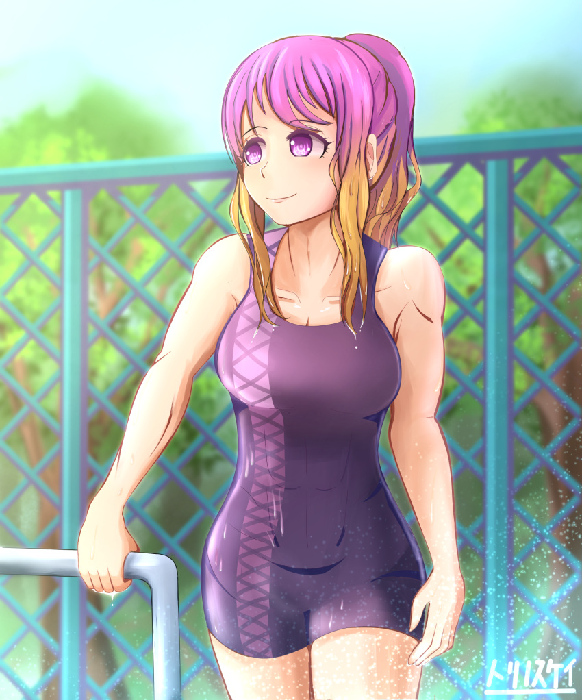 1girl alternate_costume alternate_hairstyle artist_name blue_sky blurry breasts brown_hair chain-link_fence cleavage collarbone commentary_request competition_swimsuit cowboy_shot day depth_of_field fence gradient_hair highres hijiri_byakuren light_particles looking_away multicolored_hair one-piece_swimsuit outdoors ponytail pool purple_hair sidelocks sky smile solo standing swimsuit toned torinosuke touhou tree violet_eyes water_drop wet wet_hair