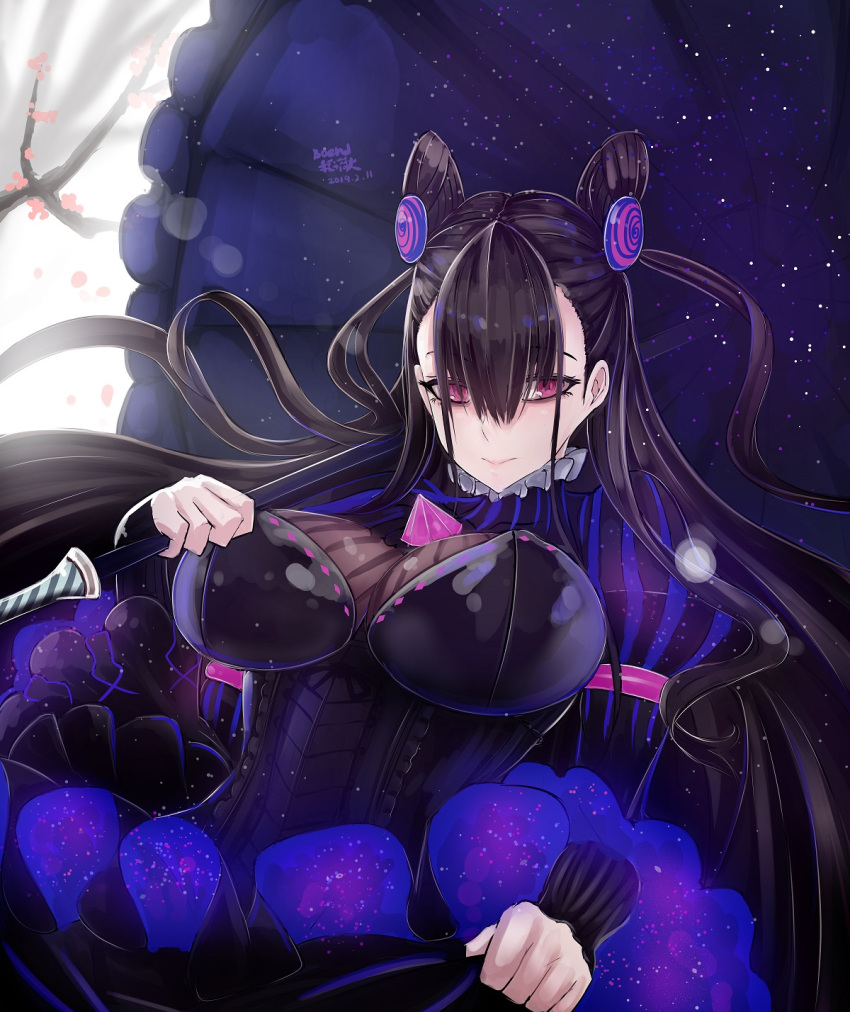 1girl b.d bangs black_dress breasts brown_hair double_bun dress eyebrows_visible_through_hair fate/grand_order fate_(series) frills hair_between_eyes hair_ornament highres large_breasts long_hair long_sleeves looking_at_viewer murasaki_shikibu_(fate) puffy_sleeves solo very_long_hair violet_eyes