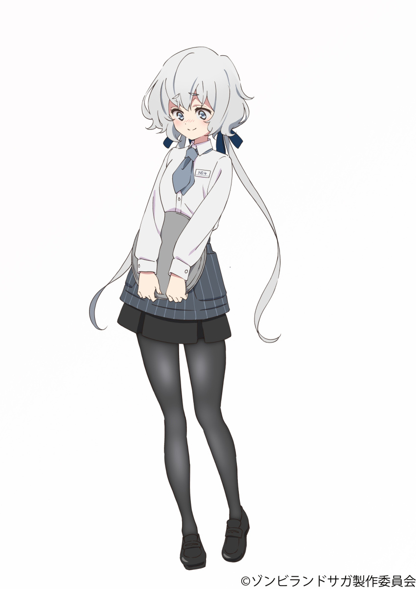 1girl absurdres black_footwear black_legwear black_skirt blue_eyes blush commentary_request eyebrows_visible_through_hair full_body grey_neckwear highres konno_junko long_sleeves looking_down low_twintails official_art pantyhose shirt skirt solo tray twintails waitress white_background white_hair white_shirt zombie_land_saga