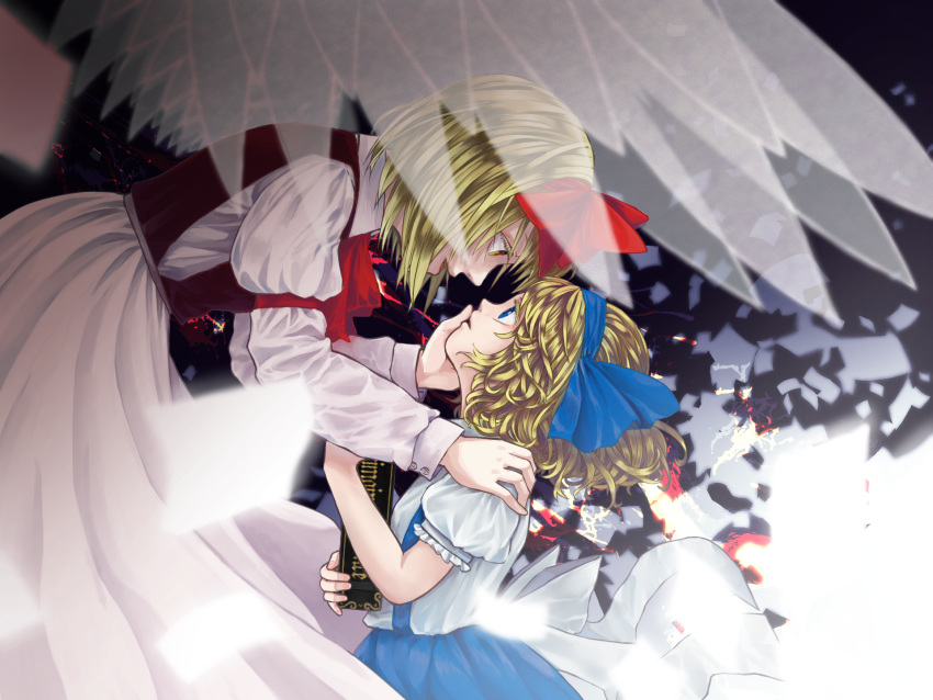 2girls abstract_background alice_margatroid alice_margatroid_(pc-98) ameya_nihachi armband bending_backward bending_forward blonde_hair blue_eyes blue_skirt book commentary_request cravat dress eye_contact feathered_wings flying gengetsu gradient gradient_background grimoire_of_alice hand_on_another's_face hand_on_another's_shoulder head_tilt highres holding holding_book looking_at_another looking_down looking_up multiple_girls open_mouth puffy_short_sleeves puffy_sleeves red_neckwear red_vest short_hair short_sleeves skirt standing suspender_skirt suspenders touhou touhou_(pc-98) transparent_wings two-tone_background vest white_dress wings yellow_eyes
