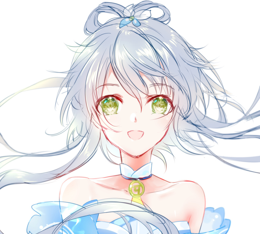 1girl :d choker collarbone eyebrows_visible_through_hair floating_hair green_eyes hair_between_eyes highres long_hair looking_at_viewer luo_tianyi open_mouth portrait shiny shiny_hair silver_hair simple_background smile solo strapless tied_hair very_long_hair vocaloid white_background yaduo